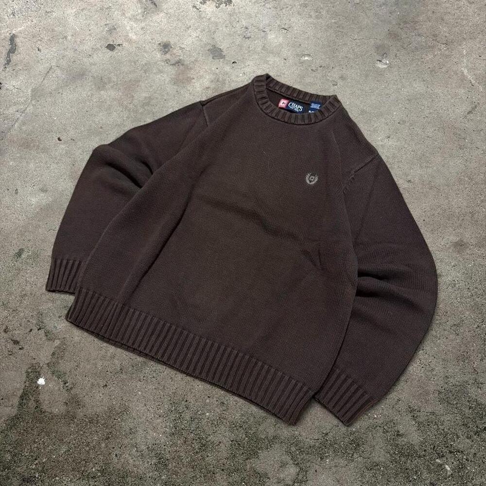 Vintage Chaps Ralph Lauren Brown Cotton Knit Crewneck Sweater Kids XL Crest Logo